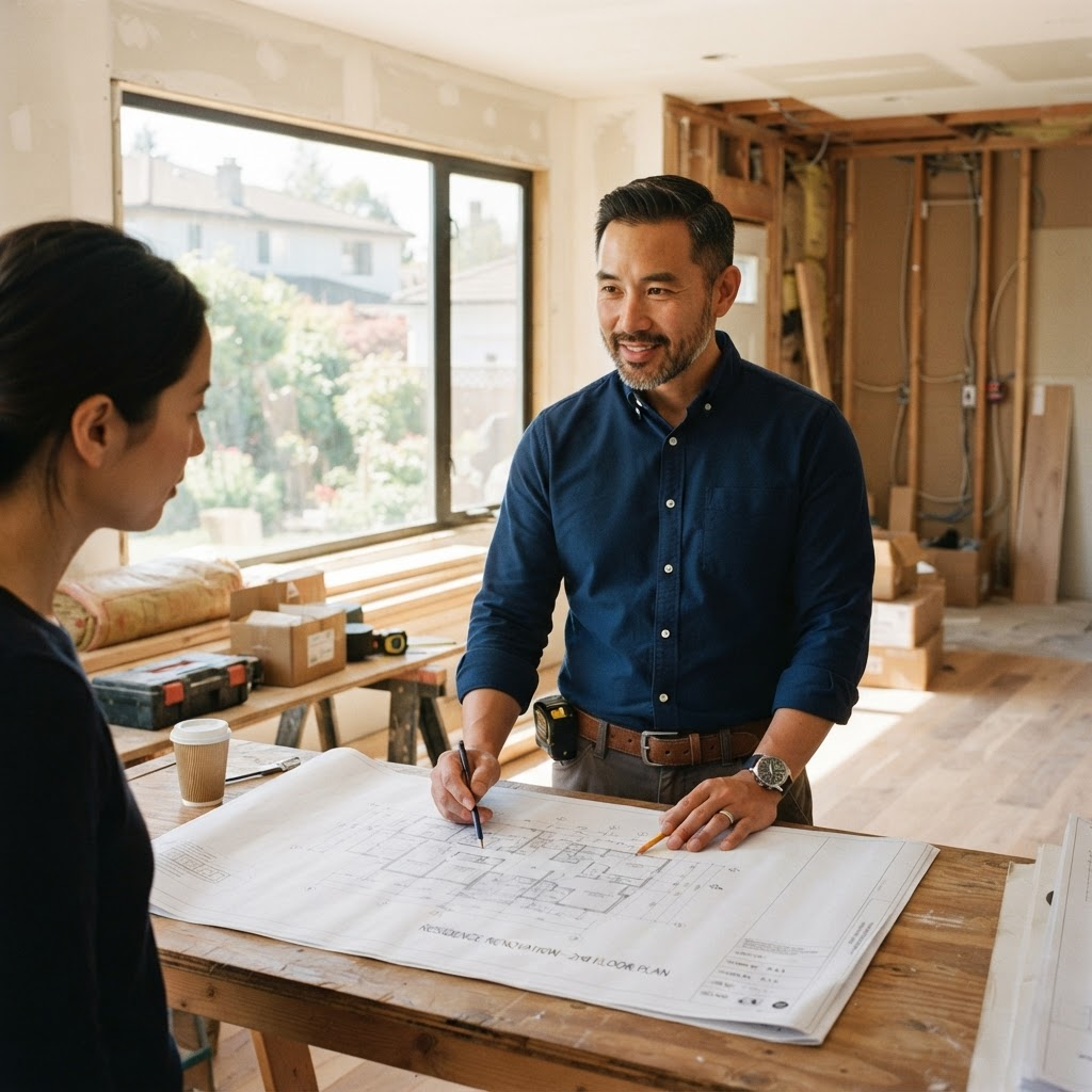 R.B. Home Remodeling contractor reviewing blueprints on a renovation project