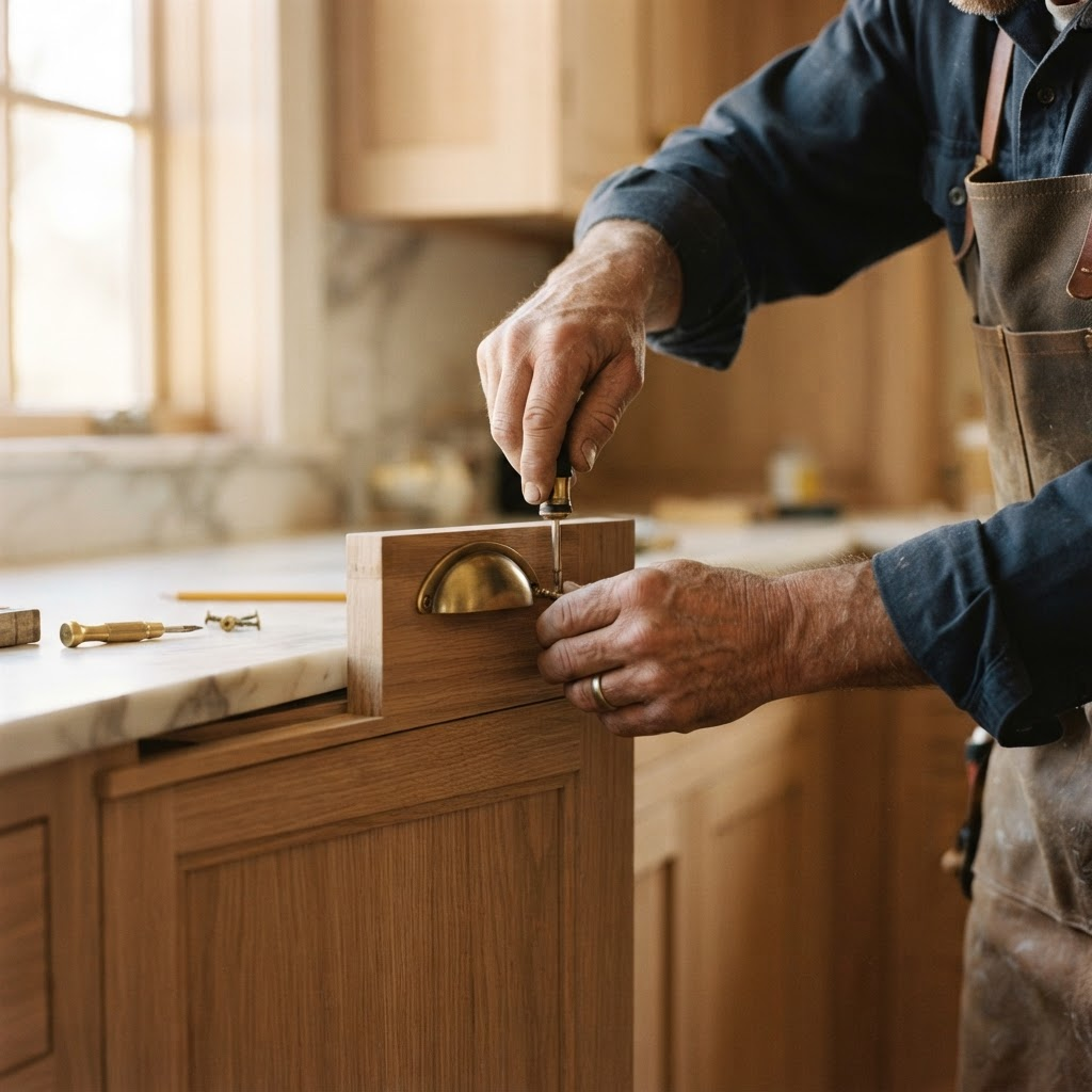Craftsman installing custom white oak cabinetry with brass hardware