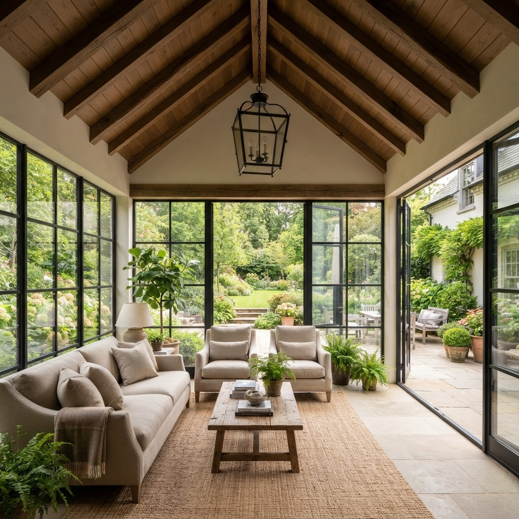 Sunroom addition with vaulted wood-beam ceiling and steel-framed windows