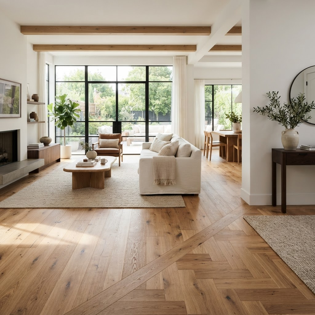 Wide-plank white oak flooring installation in a sunlit living room