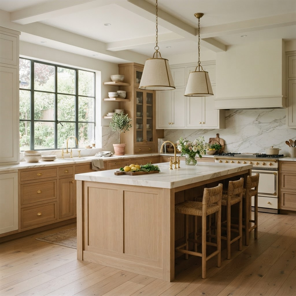 Luxury kitchen renovation with white oak cabinetry and honed marble