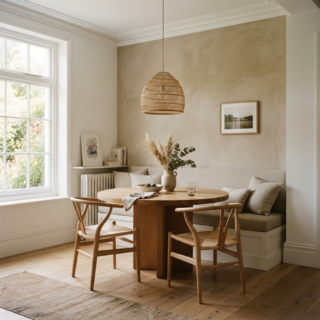 Refined dining nook with warm limewashed clay accent wall